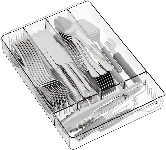 Yieach Clear Small Silverware Organizer 9 inch Wide for Kitchen Drawers,BPA Free Silverware Trays and Plastic Silverware Dividers & Holder,Utensil and Flatware Drawer Organizer Suitable for Fork,Spoon