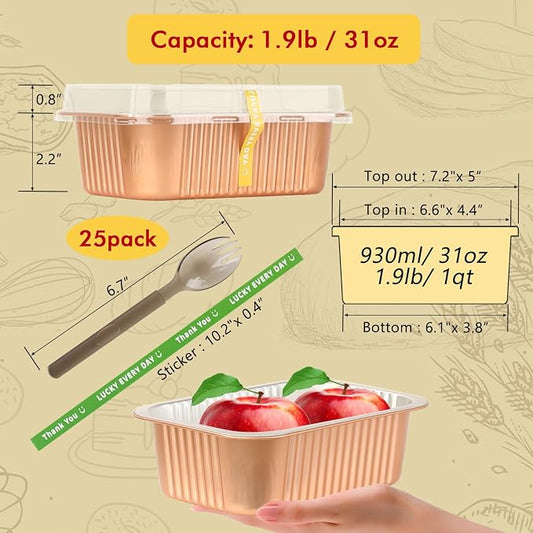 LNYZQUS 7” x 5” Small Aluminum Pans with Lids 25 Pack, 30oz Heavy Duty Foil Baking Tins Large To Go Containers,Individual Leftover Containers Baked Food Holders Boxes for Oven Grill-Champagne