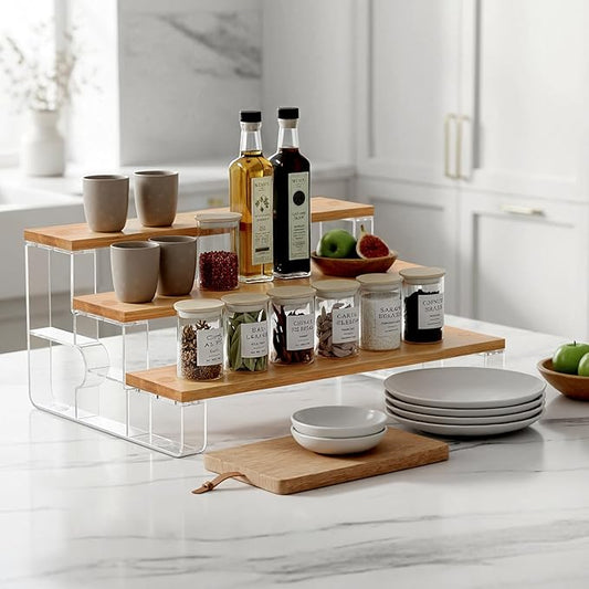 junyuan Spice Rack Organizer for Cabinet,3 Tier Spice Organization for Kitchen,Bathroom Organizers and Storage,Seasoning Countertop Shelf,Bamboo Display Shelves Racks,Clear 14"