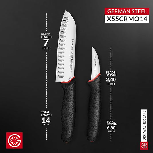 Giesser since 1776, Made in Germany, Santoku 7,5 inch, Ultra Slip Resistant, Dishwashersafe, rustfree, Japanese Chef Knife with small Peeling Knife