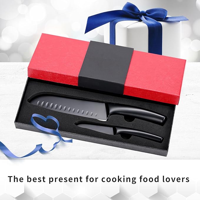 SHI BA ZI ZUO 2 Pieces Kitchen Knife Set,Santoku Knife and Paring Knife,Black Ti Coating Japanese Chef Knife Fruit knives with Hollow Handle