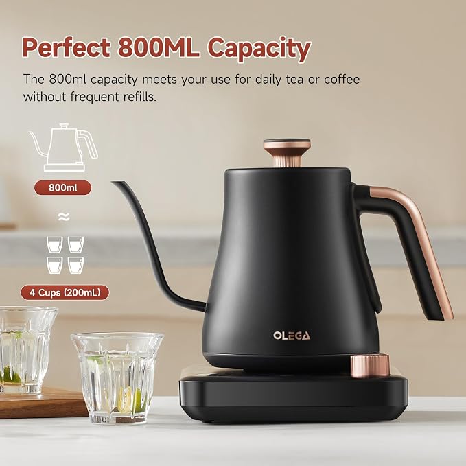 OLEGA Gooseneck Electric Kettle: 1000W Electric Kettles with Temperature Control 0.8L Stainless Steel Electric Tea Kettle Gooseneck Kettle for Coffee Tea Keep Warm (Black)