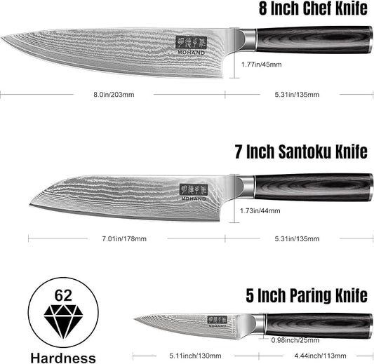 MDHAND Kitchen Knife Set, 3PCS Professional Chef Knife Set, VG10 Steel Knife Set with Pakkawood Handle, Ultra Sharp Knives Set for Cooking, Including Chef, Santoku & Paring Knife, Gifts for Men Women