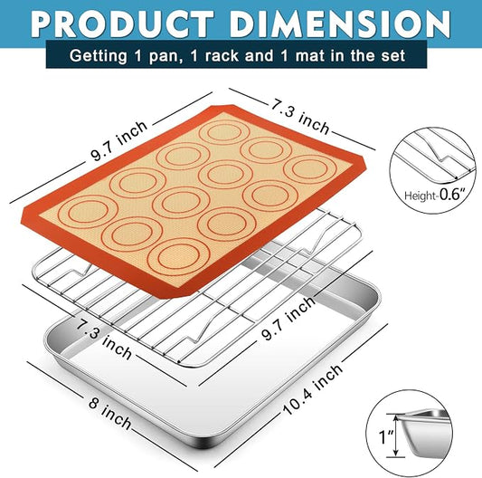 P&P CHEF 10.4 Inch Baking Oven Sheet Pan with Rack & Mat for Cookie, Stainless Steel Oven Sheet Tray Cooling Rack and Silicone Mat for Baking & Roasting, Dishwasher Safe & Healthy, 3Pcs