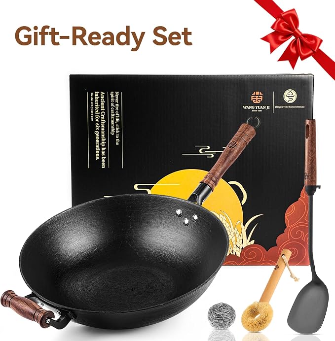 WANGYUANJI Cast Iron Wok Pan with Lid, 13.4 Inch Flat Bottom Uncoated Stir Fry Skillet, Traditional Chinese Iron Pot for 3-5 People, Detachable Walnut Handle, Compatible with Induction & Gas Stoves