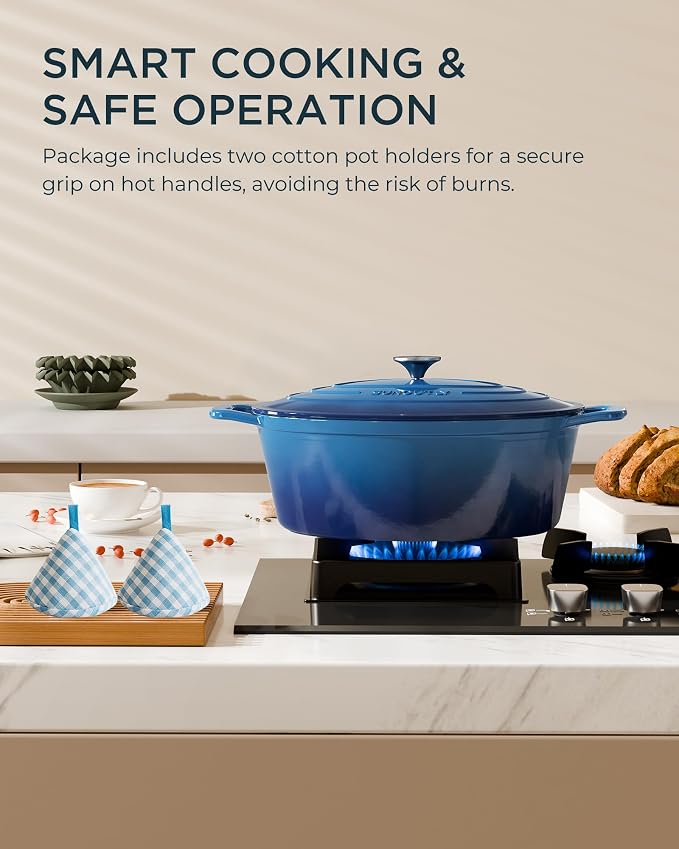 Enameled Cast Iron Dutch Oven - 9.3QT Dutch Oven Pot with Lid & Cotton Potholders - Heavy-Duty Non Stick Casserole Pot for Braising, Stews, Roasting, Baking, Suitable for All Stovetops, Navy Blue