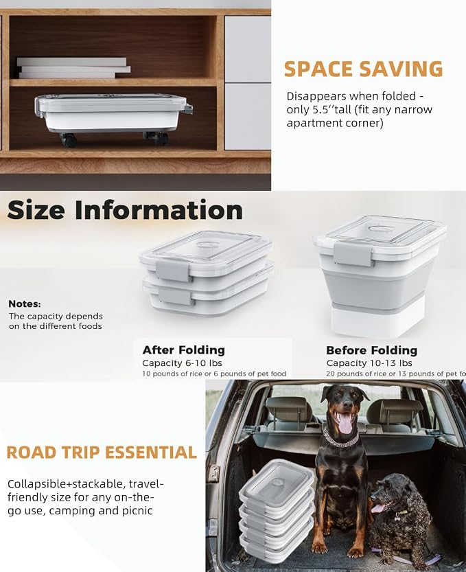 10-13 Lbs Dog Food Storage Container,Collapsible Dog Food Container with Transparent Airtight Lid,Pet Food Scoop and Dog Bowl,Multifunctional Food Storage Container for Pet Food,Rice,Flour