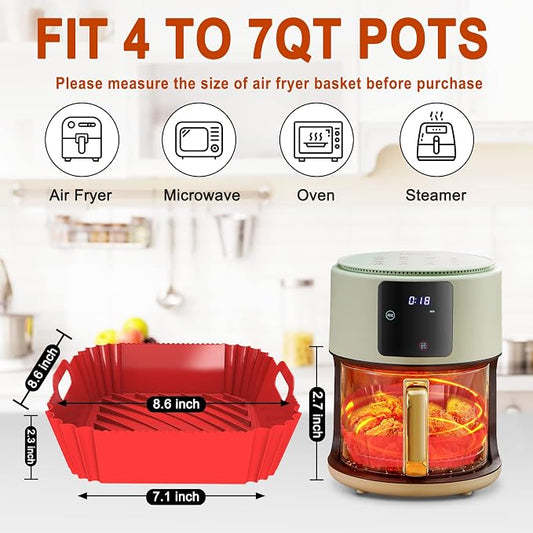 2 Pack Silicone Air Fryer Liners Reusable, 7.1 Inch Airfryer Liners 4-7 QT Square Air Fryer Liners Silicone Pot Oven Liner Baking Tray, Air Fryer Basket Mat Silicone Bowl Air Fryer Accessories