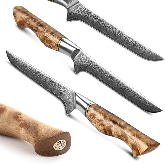 HEZHEN 6-Inch Boning Knife – 67 Layers Damascus Steel, Professional Meat Trimming & Deboning Knife for Home Cooking, Figured Sycamore Handle