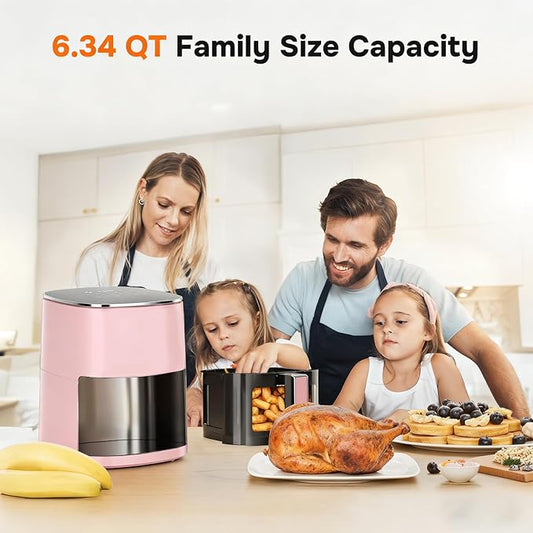 Simple Deluxe 12-in-1 Air Fryer 6.34 Qt, Digital Preset Airfryer with Visible Window, Nonstick and Dishwasher-Safe Basket, Air Fry, Roast, Bake, Dehydrate, Fries, 1700W, Pink