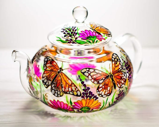 Butterflies and Flowers Teapot with 2 Cups and Saucers - Wedding Gift for Mom - Elegant Tea Set Women Hand Painted Personalized Mother's Day Gift, Luxurious Tea Accessories Tea Party Gift
