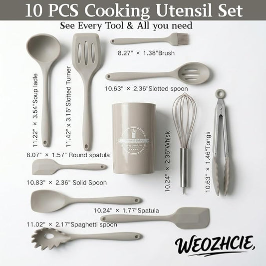 Silicone Kitchen Utensils Set,10 PCS Cooking Kitchen Utensils Set, Nonstick Kitchen Utensils 446°F Heat-Resistant Cookware Kitchen Tools of Spoon,Brush,Whisk,Spatula,Turner Tongs(Khaki)