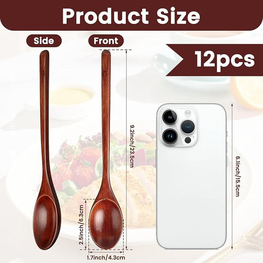 12 Pcs Wooden Spoons, 9 Inch Wood Soup Spoons for Cooking Mixing Eating,Oval Long Handle Spoon for Tea Jam Coffee Sugar Ice Cream and Bath Salts