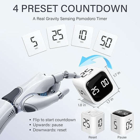 Rotating Pomodoro Timer 5, 25, 10 50 Minutes Preset, Desk Productivity Flip Timer, ADHD Tool Cube Countdown Stopwatch, Vibration/High/Low Volume/Custom Modes, for Work, Study, Back to School, White