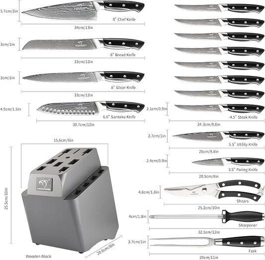 18 Pieces Damascus Kitchen Knife Set, 8 Piece Steak Knives, Non-slip ABS Ergonomic Triple Rivet Handle for Meat Fork, Knife Sharpener and Shears, 17 Slots Fraxinus Manchuria Knife Block (Grey)