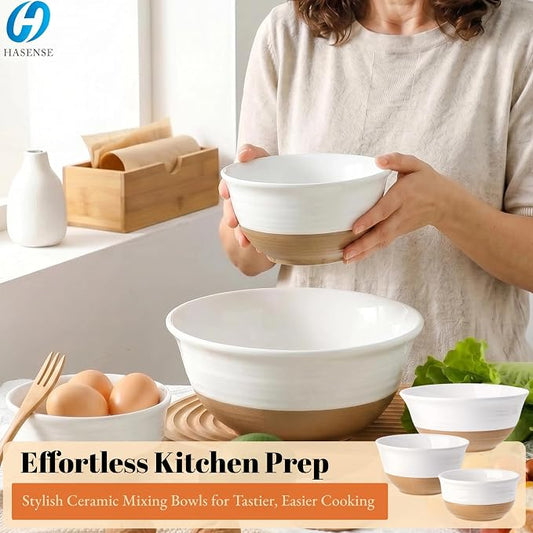 HASENSE Ceramic Mixing Bowls, Large Serving Salad Pasta Bowls Set, 2.1/1.0/0.5 Qt for Entertaining, White Nesting Batter Bowls for Prepping Baking, Dishwasher Microwave Safe, Set of 3