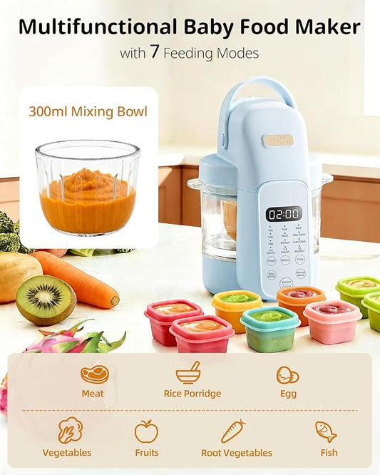 SosekiBaby FM01 Baby Food Maker with Glass Bowl One Step Baby Blender-Food Processor and Steamer Puree Grinder 316L Stainless Steel Blades Auto Cooking & Easy Cleaning-BPA-Free Blue