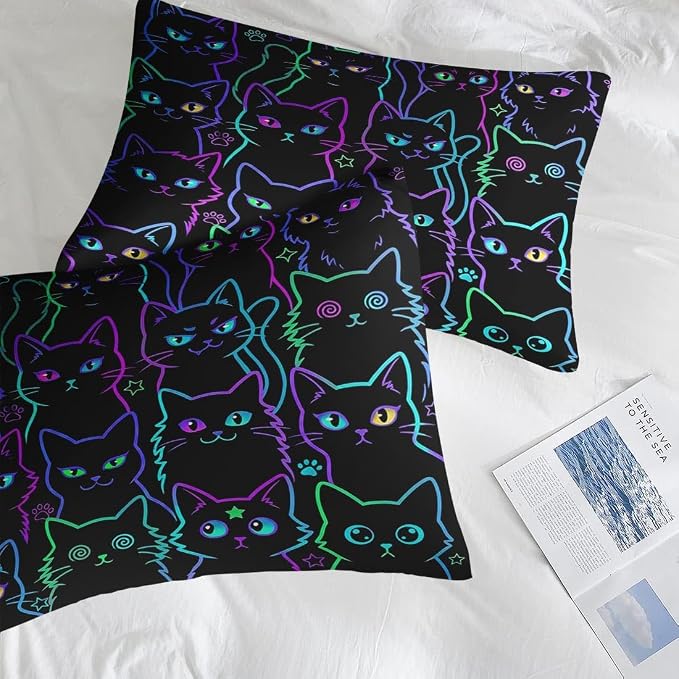 Pamnest 7 Pcs King Size Comforter Set with 2 Pillowcases & 2 Shams, Cute Cat Halloween Bedding Set for Kids and Adults, Neon Funny Gothic Bed in a Bag with Flat Sheet and Fitted Sheet