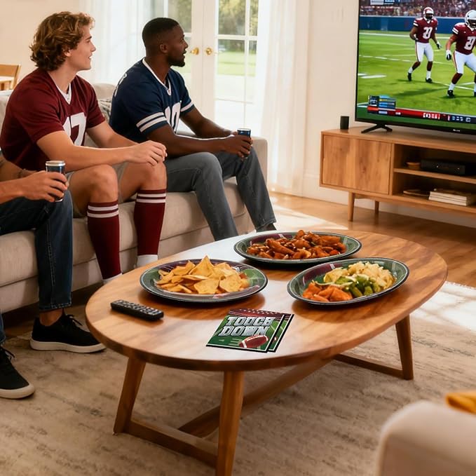 Dereinwo 100 PCS Football Party Paper Plates and Napkins | Bundle Includes Paper Oval Dinner Plates Dessert Plates and Napkins for Football Party Supplies