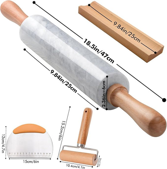 18.5 inches Marble Rolling Pin,Large Non-Stick Dough Roller,for making pizza, cookies,pie crusts, and pasta.with Silicone Pastry Mat,Stainless Steel Scraper,and Small Wooden Roller Pin(White)