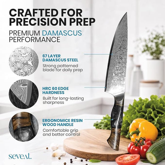 Damascus Kitchen Knife | 67-Layer Damascus Steel | 13” Professional Chef Knife | Ergonomic Wood & Resin Handle | Gift Box Included (Black, 1 Piece)