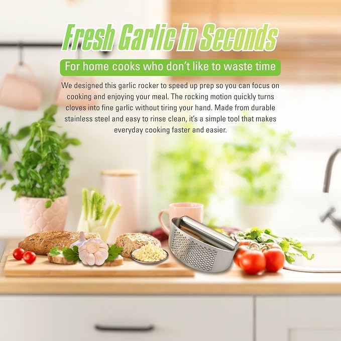 Stainless Steel Garlic Press Rocker with Bottle Opener, 304 Heavy Duty Garlic Mincer & Crusher Tool with Peeler and Cleaning Brush, Easy-Clean Garlic Chopper Kitchen Gadget
