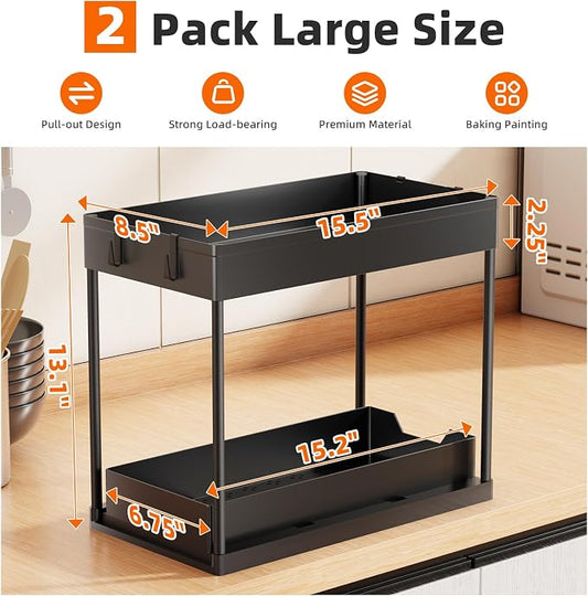 Simple Trending Under Sink Organizer 2 Pack, Sink Pull-Out Sliding Storage Cabinet, 2-Tier Under Shelf Organizer for Kitchen Bathroom, Black