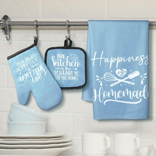 Sratte 6 Pcs Kitchen Decor Accessories Set Farmhouse Towels Pot Holders Oven Mitts Set 2 Dish Towels 2 Potholders 2 Cooking Mittens Oven Glove for Christmas Baking Cooking Supply(Light Blue,Kitchen)
