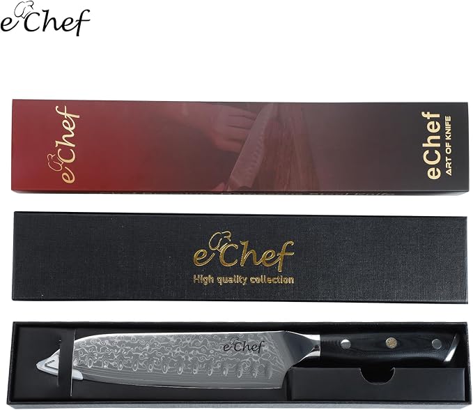Damascus Santoku Knife 7-Inch, Professional Meat and Vegetable VG-10 Steel Kitchen Knife, G10 Bionic Wood Grain Handle Sharp Chef Knife, Comes with Gift Box (7-inch Santoku Knife)