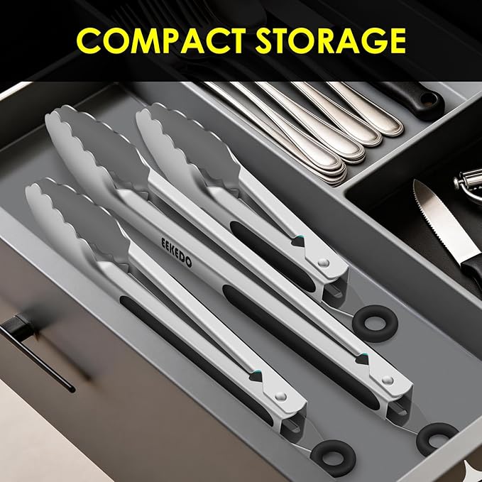 Metal Tongs for Cooking, Heat Resistant 600 Degrees Stainless Steel Kitchen Tongs with Silicone Handle, Locking Tongs for BBQ, Grilling, Serving, Salad, Dishwasher, Set of 3(7", 9" and 12")