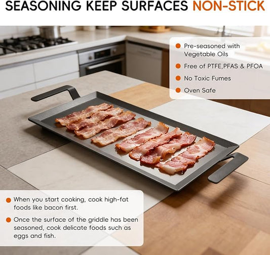 XUDAKAIXIN Carbon Steel Griddle + Grill Press | Professional-Grade Seasoned Cookware | Induction, Gas & Oven Compatible (Up to 1200°F) | Long-Lasting & Durable