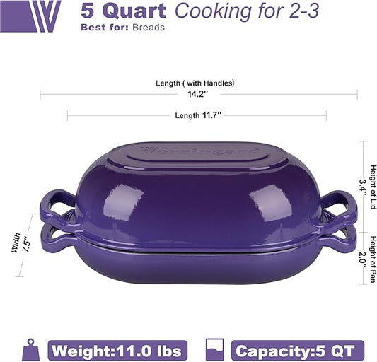 VORRINGARD Enameled Cast Iron Sourdough Bread Oven, Dutch Oven, Loaf Cast Iron Bread Pan for Homemade Bread Baking, Meatloaf Pan with Lid, 5QT, Purple