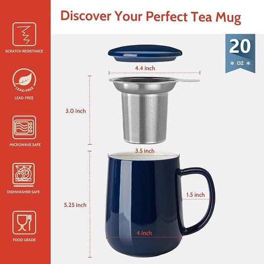 Sweese 20oz Porcelain Teacup with Infuser and Lid, Large Tea Mug for Loose Tea - Microwave and Dishwasher Safe, Insulated, Modern Design for Tea Lovers