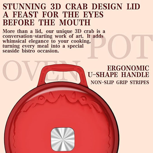 DUTZUN Enameled Cast Iron Dutch Oven - 5 Quart, Exclusive Designed Crab Lid (Patent Pending), Oversized Knob, for Bread Baking Braiser, Cooking Stock Pot - Red