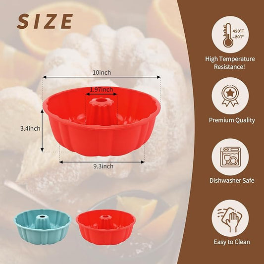 PADELE 2 Pack Silicone Cake Pan Nonstick,10 Inch, Silicone Cake Molds,Pound Cake Pan, Baking Cake Pan for Jello,Gelatin,Cake,Brownie and Bread(Red+Blue)