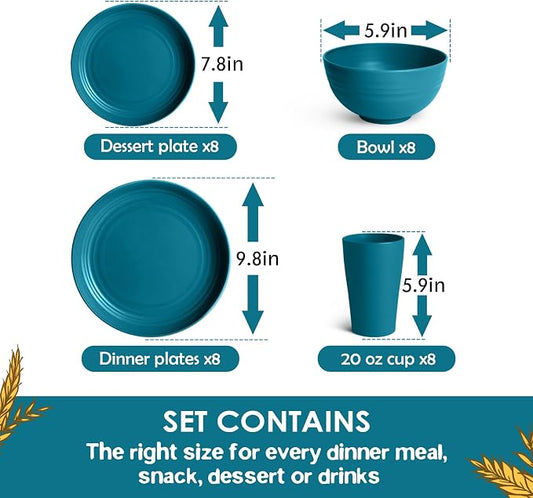 Teivio 32-Piece Kitchen Plastic Wheat Straw Dinnerware Set, Service for 8, Dinner Plates, Dessert Plate, Cereal Bowls, Cups, Unbreakable Colorful Plastic Outdoor Camping Dishes, Dark Blue