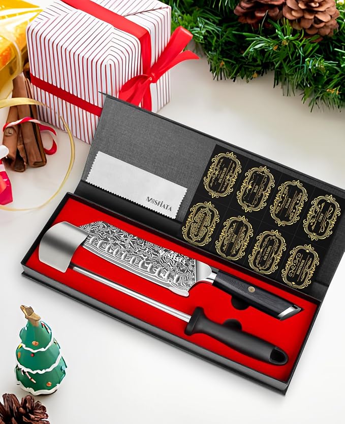 MOSFiATA Damascus 7" Santoku Knife, Damascus Stainless Steel VG10 Core, Chef's Knives Chopping Cooking Knife Set with G10 Handle Sharpener Gift Box