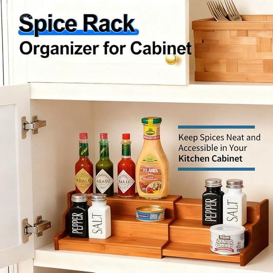 JinDoWin Spice Organization for Cabinet Spice Organizer, 3-Tier Spice Rack Organizer for Cabinet, Multi-Use Seasoning Rack (1, Dark Bamboo)