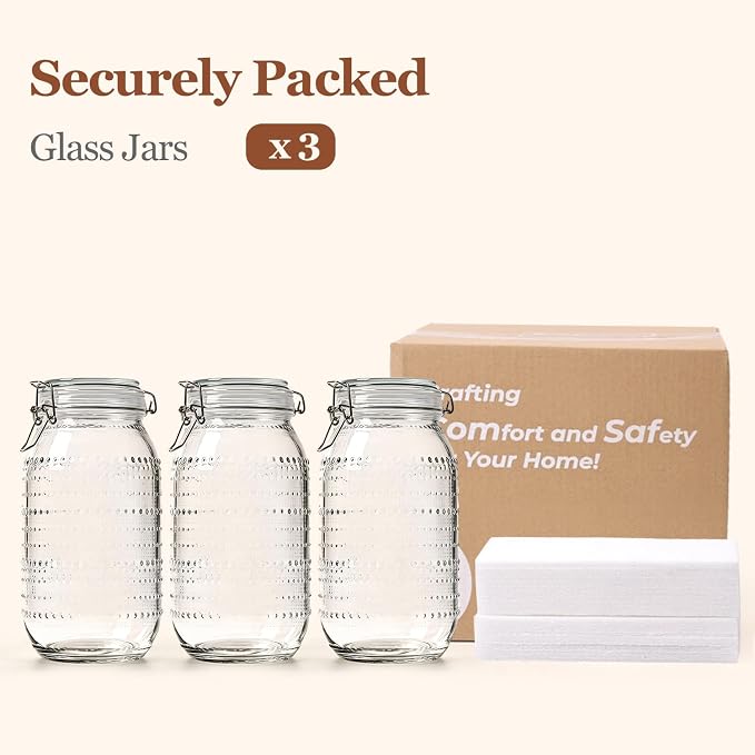 ComSaf 0.5 Gallon (71oz) Vintage Hobnail Glass Storage Jars Set of 3 with Airtight Clamp Lids, Wide Mouth Tall Canister Set for Flour, Sugar, Cereal, Pasta, Pet Food and Pantry Organization