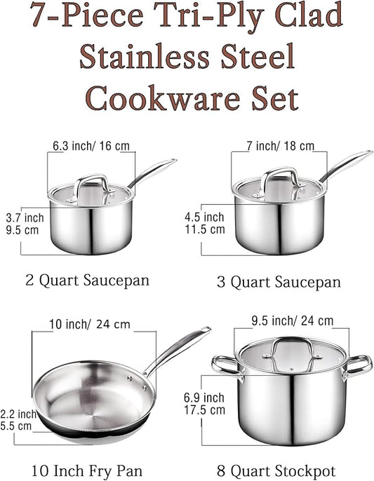 Cook N Home Classic Tri-ply Clad Stainless Steel Cookware Set, 7-Piece Pots and Pans