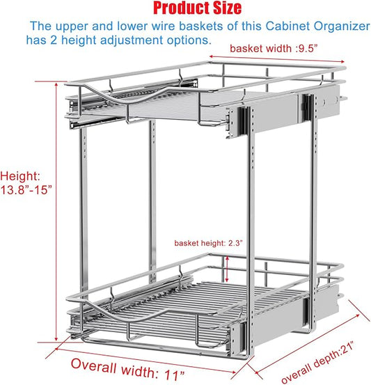 DINDON 2 Tier Pull Out Cabinet Organizer (11" W X 21" D), Double Tier Wire Basket Slide Out Shelf Storage for Kitchen Base Cabinet Organization for Kitchen, Pantry, Bathroom, Chrome