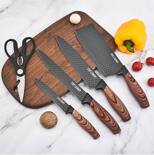 Luxury Aesthetic Kitchen Knife Set with Holder,6Pcs Black Knife Set with Wood Grain Handle,Stainless Steel Chef Knives and Scissors,Gift for Cooking