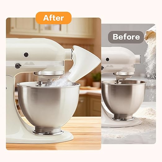 Flour Funnel for Kitchen Aid Stand Mixer, Easy Pour No-Mess Attachment fit for Tilt-Head Stand Mixer 4.5 & 5 Quart (KSM150), White Plastic Kitchen Accessory