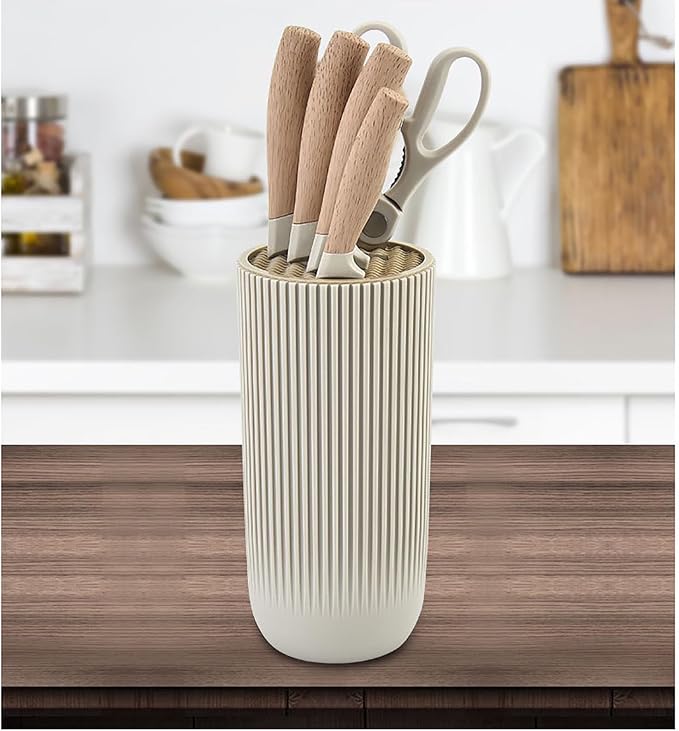 Kitchen Knife Set. 6-Pieces Luxury Wooden Coating, Light Wood Grain Handle, Stainless Steel Non-Stick Sharp Blade Chef Knife Set with Cylindrical Knife Block for Gift