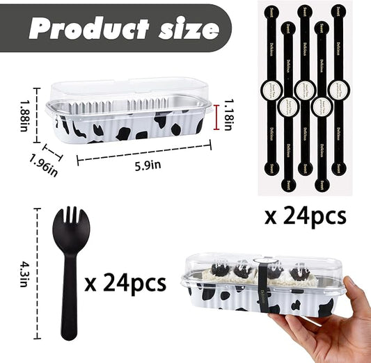 24 Pack Mini Loaf Pans, 7.5oz Mini Cake Pan & Mini Cupcake Pan Set โ Disposable Aluminum Baking Pans with Lids, Spoons & Stickers, Premium Sturdy Gift Set for Cakes, Cupcakes, Desserts & Party Treats