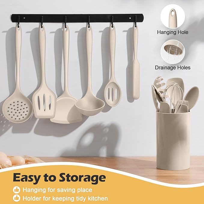 Homikit 15-Piece Kitchen Cooking Utensils Set with Holder, Heat Resistant Food Grade Silicone Kitchen Utensils include Slotted Spatula Ladle Turner for Nonstick Cookware, Dishwasher Safe- Khaki