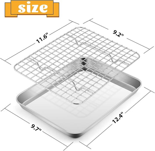 Stainless Steel Baking Sheet with Rack Set, E-far 12.4”x9.7” Cookie Sheet Broiling Pan for Oven, Rimmed Metal Tray with Wire Rack for Cooking/Baking/Cooling/Bacon, Non-toxic & Dishwasher Safe