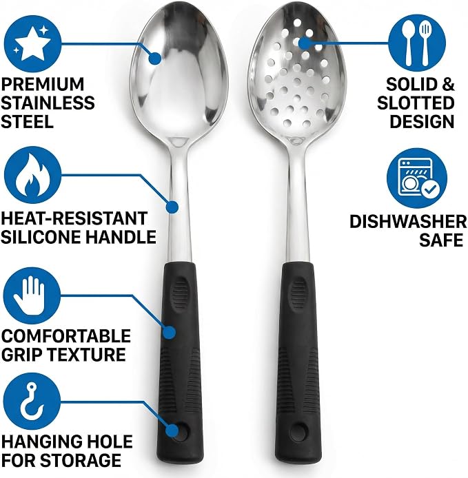 Metal Serving Spoons Set, Large Serving Spoons with Silicone Handles, Stainless Steel Serving Spoon, Slotted Spoon & Soup Ladle Set for Buffet and Home Kitchen (Black)