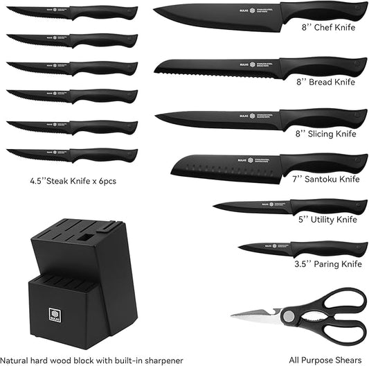 15-Piece Kitchen Knife Block Set with Built-in Sharpener, Upgraded Non-Stick Coating Blades, Ergonomic Handles, Dishwasher Safe, Black
