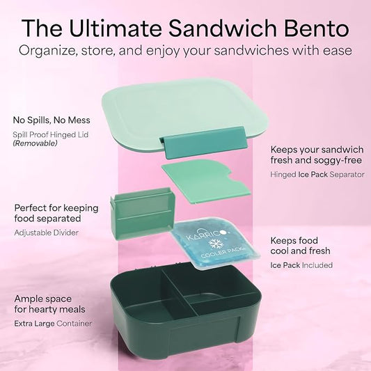 KARRICO Leakproof Lunch Box – 3-Compartment Bento Box, Cooler Pack & Adjustable Divider, Extra Large & BPA-Free – Dishwasher Safe, Ideal for On-the-Go Meals, Green